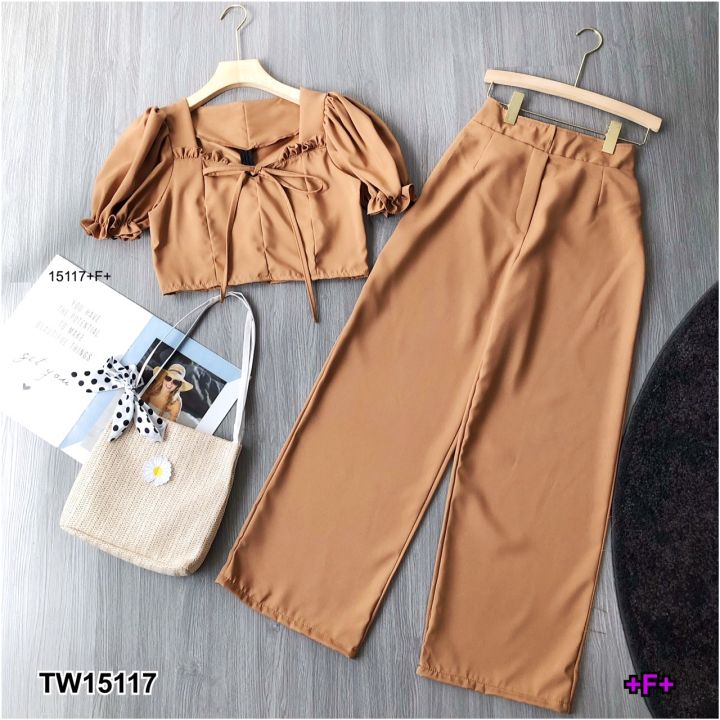 tw15117-set-2-ชิ้น-เสื้อแขนพอง-อกจับจีบผูกโบว์-กางเกงขายาว