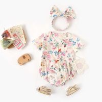 COD ✟ The Outline Shop27dgsd6gfd Summer Baby Girls Bodysuits Short Sleeve Cute Floral Infants Clothing with Headband Cotton