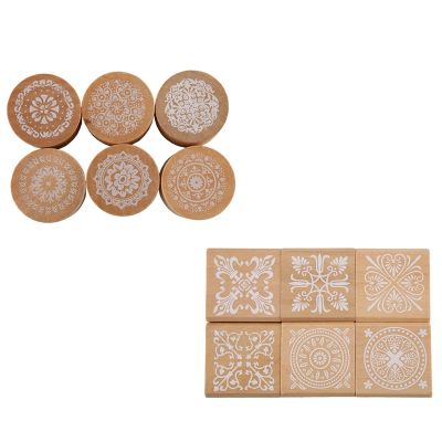 12Pcs Wooden Stamps Floral Pattern Circles and Squares Decorative Rubber Wooden for DIY Craft Card and Scrapbooking