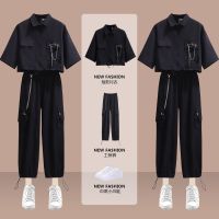 【DT】hot！ female 2022 new summer student Korean loose chic short tactical shirts   high waist handsome overalls techwear