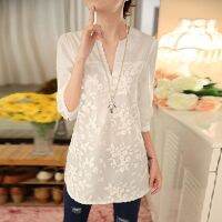 2023 Summer Korean Blouse Women Elegant Flower Printed V-neck Organza Embroidered Ladies Shirt Casual White Lace Shirt Top 566F