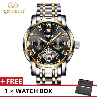 KINYUED นาฬิกานาฬิกาข้อมือผู้ชายวงเหล็กสแตนเลสชุดนักธุรกิจชายที่หรูหราสำหรับผู้ชาย,นาฬิกาของขวัญจากแบรนด์ชั้นนำของนาฬิกากลไก
