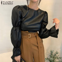 ZANZEA 2021 Female O Neck Tunic Street Chemise Casual Baggy Blusas Women Puff Sleeve Blouses Fashion PU Leather Tops Oversized