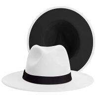 Simple Black White Patchwork Wide Brim Fedora Hats For Women Classic Two Tone Felt Fedora Hats For Men Fashion Cowboy Jazz Hat