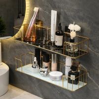 [LWF HOT]△ Luxury Bathroom Shelf without drilling Iron Wall Shelf with Marble style Glass Plate Makeup Storage Rack Bathroom Accessories