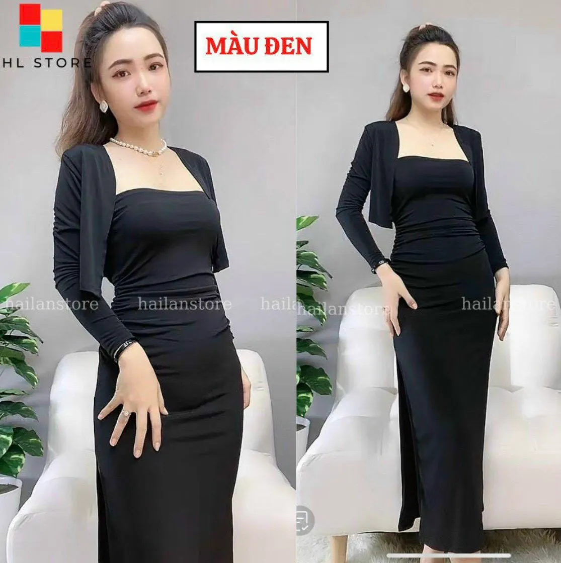 Đầm body hai dây xẻ tà kèm áo khoác ngoài tay dài sexy, Đầm ống maxi