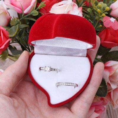 ❀AUTU Double Wedding Rings Box Velvet Heart Shape Red Rose Flower Box Jewelry Display