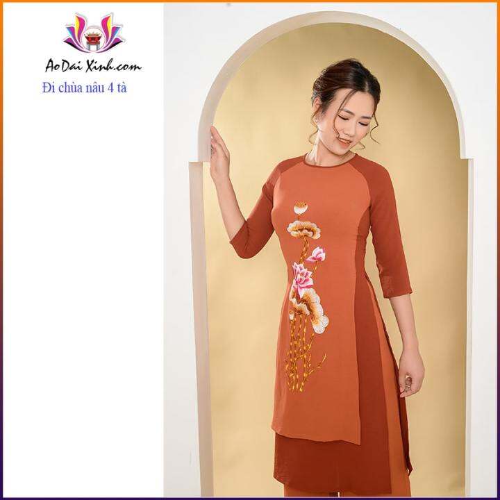 Bộ Áo Dài Cách Tân Đi Chùa Thêu Hoa Sen 003. | Lazada.Vn