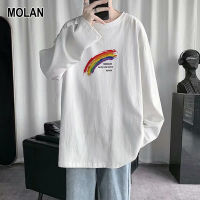 MOLAN ใหม่ผู้ชายหลวมแขนยาวเสื้อยืดน้ำสไตล์ฮ่องกงสายรุ้งพิมพ์ด้านบนทุกการแข่งขันฤดูใบไม้ร่วงสไตล์ฮ่องกง เสื้อ