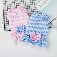 ZZOOI Summer Dog Clothes Blue Pink Plaid Lace Cat Dress Flower Bow Princess Dress Pet Puppy Dog Costume Sweet Mesh Dog Skirts Clothing