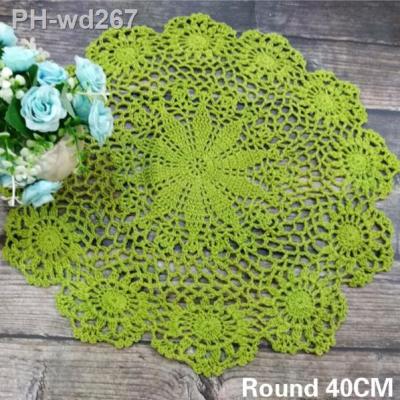 40CM Round Pastoral Green Cotton Fabric Flowers Crochet Placemat Tea Cup Table Cloth Coaster Christmas Wedding Banquet Decor Pad
