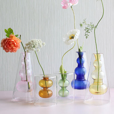 เครื่องประดับแจกันแก้วสีสุดสร้างสรรค์แบบนอร์ดิกสองชั้น INS แจกันแก้วคริสตัลการจัดดอกไม้ใสไฮโดรโปนิกส์ลูกบอลแก้วงานหัตถกรรมเครื่องทำดอกไม้