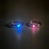 Fashion Pink Love Heart Luminous Couple Ring For Women Men Retro Glow In Dark Silver Color Adjustable Finger Rings Jewelry Gift