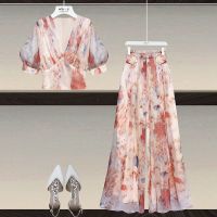 COD Xiao Xiang Feng Chiffon Wide Leg Pants Set Womens Summer 2023 New Fashion Lady Goddess Fan Xian Slim Two-Piece Tide