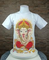 เสื้อยืด ลายไทย คอกลม สีขาว ลายพระพิฆเนศนั่งเสวยอาหาร สำหรับผู้หญิง-ผู้ชาย ผ้าCotton100% T312A