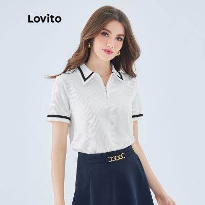 ✴◎◑ Lovito เสื้อยืด คอปก แขนสั้น สีพื้น คอนทราสท์ไบดิ้ง สำหรับผู้หญิง L49ED029 (สีขาว)