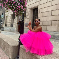 Chic Fuchsia Ruffles Short Tulle Dresses Women 2020 Puffy A-line Mini Tutu Dress Summer Off The Shoulder Robe Vestidos