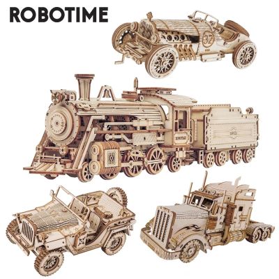 Robotime Rokr 3D ปริศนารถไฟไอน้ำเคลื่อนย้ายได้,รถ,รถ,รถ,รถจี๊ปชิ้นส่วนของเล่นของขวัญสำหรับเด็กผู้ใหญ่ไม้ชุดบล็อกรูปแบบการสร้าง