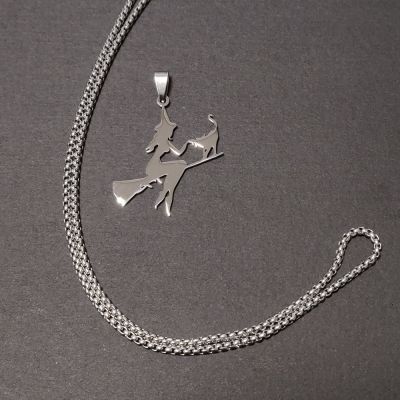 Broom Cat Shape Stainless Steel Necklace For Women Silver Color Necklaces &amp; Pendants Witch Style