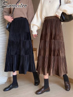 SURMIITRO Super Quality Velvet Long Skirt Women 2021 Autumn Winter Korean Style Mid-length High Waist Pleated Midi Skirt Female