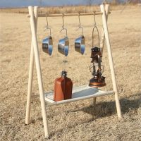 Outdoor Wood Cookware Hanging Rack Camping Triangular Hanging Rack with Hooks Storage Bag Outdoor Tools