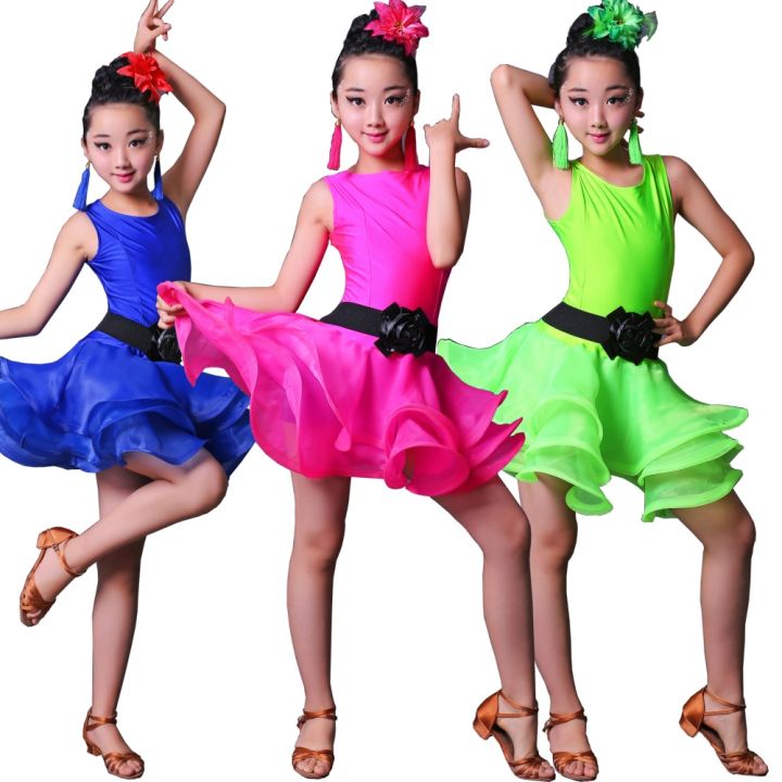 ชุดเต้นซัลซ่าบอลรูมชุดเต้นรำสำหรับเด็กละตินสำหรับเด็กผู้หญิงชุดเล่นละครเวทีงานปาร์ตี้สีน้ำเงินแดง