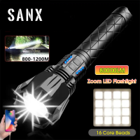 ไฟฉุกเฉินกันน้ำที่ซูมได้ไฟฉาย LED ไฟระบบสัมผัสกำลังไฟสูง80000LM SANX แบบชาร์จไฟได้ XHP360 1000W ตะเกียงตั้งแคมป์ USB