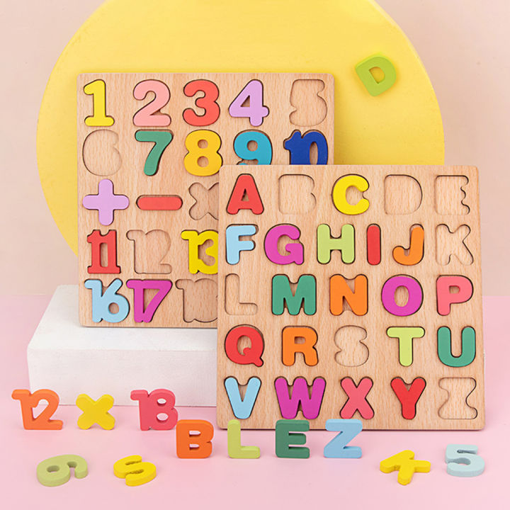ของเล่นไม้ตัวอักษรปริศนาการเรียนตัวเลขสำหรับเด็กวัยหัดเดินอุปกรณ์จับคู่สีสันทางการศึกษาผักตลก