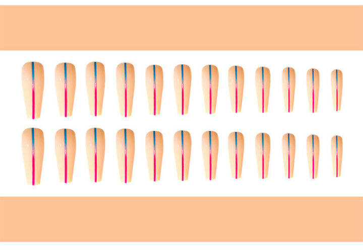 mus-24ชิ้นสีฟ้าเส้นแดงแผ่นติดเล็บประเภทกาวถอดออกได้วรรคยาวทำเล็บมือแฟชั่นสติ๊กเกอร์เล็บปลอมประหยัดเวลาแผ่นติดเล็บใหม่