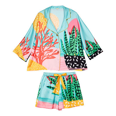 New Summer Women Pajama Set Hand Drawn Art Tropical Plants Pyjama Set Silk Like Nightwear Shorts Home Wear Clothes Sleepwear