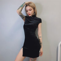 （HOT) สถานียุโรปรุ่นใหม่ 2019 AliExpress แฟชั่นการค้าต่างประเทศกระโปรงกี่เพ้าสั้นหนังกลับกุ๊นแยกกระเป๋าชุดสะโพก