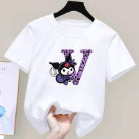 Kawaii Kuromi เสือดาวตัวอักษร A-Z เด็กเสื้อยืด Sanrio การ์ตูนโกธิคพิมพ์แขนสั้นฤดูร้อนหลวมผ้าฝ้ายคู่เสื้อยืดของขวัญ