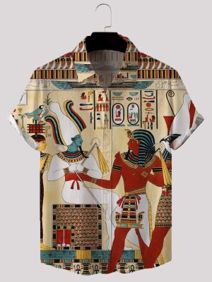 เสื้อเข้าสังคมสำหรับผู้ชายพิมพ์3D ฟาโรห์ชาวอียิปต์แขนลำลองขาสั้นเสื้อผ้าแอฟริกันสำหรับเสื้อฮาวายฤดูร้อนของมาใหม่