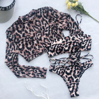 Long Sleeve 3 Piece Swimsuit High Cut Leopard Cover Up Push Up Bikini Separate Sports Bandage Bathing Suit Swimwear 2022