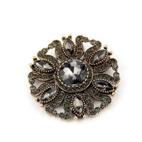 Sunspicems Vintage Gray Crystal Round Bohemia Brooch For Women Turkish Indian Brooches Pin Hijab Lapel Jewelry Retro Gold Color Headbands