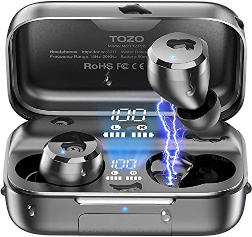 TOZO T12 Wireless Earbuds Bluetooth Headphones with Touch Control and Wireless Charging Case Digital Intelligence LED Display IPX8 Waterproof Earphones Built-in Mic Headset Deep Bass for Sport Black 