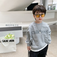 Childrens tops boys and girls 2023 spring handsome foam letter printing false two-piece sweaters baby loose pullover