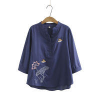 ๑ 【มีไซส์ใหญ่】Plus Size 3/4 Sleeve Embroidery Tops Womens Vintage Blouse Ladies Officewear A-line Blusas