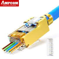 AMPCOM CAT7ผ่านขั้วต่อ CAT6A/7 50U ชุบทองผ่านผ่านป้องกัน STP 8P8C RJ45ปลั๊กโมดูลาร์ที่มีแถบโหลด1.5มม