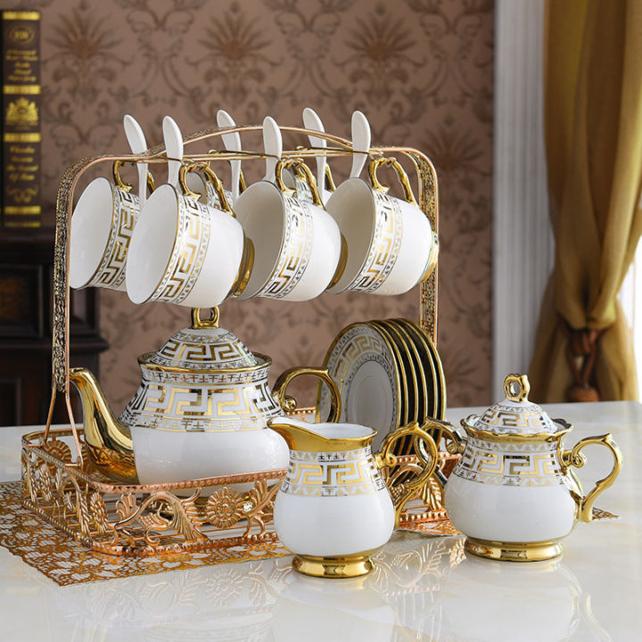 Arabic Ceramic Golden Tea Set with Teapot Milk Pot Sugar Jars