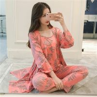 【jw】●☁✜  2021 3PCS Sleeve Robes Pajama Sets for Print Sleepwear Homewear Pijama Mujer Three Piece Set