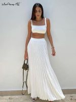 ♣❁ Mnealways18 Summer Skirts Vacation Outfits Knitted Tee And Pleated Skirts 2 Pieces Sets Casual Elasticity Women Skirts Suit 2023