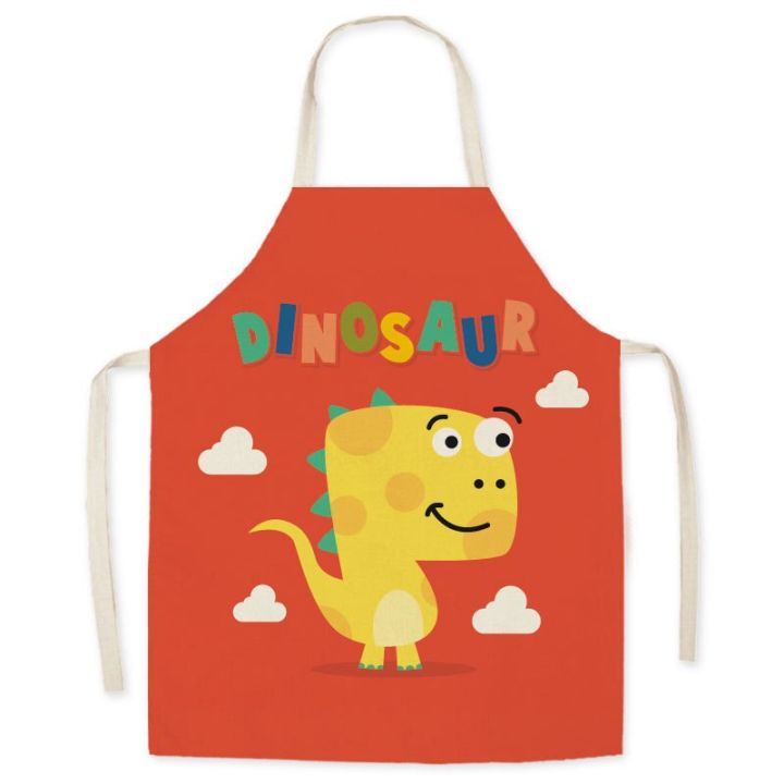 parent-child-kitchen-apron-cartoon-dinosaur-printed-cotton-linen-baking-cooking-aprons-for-women-home-cleaning-apron