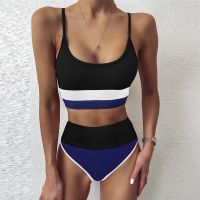 Womens Split Swimsuit Pit Stripe Stitching Sexy High Waist Bikini Suit Swimsuit