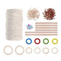 227Pcs 3mm Natural Cotton Rope Kit with Wooden Rings and Sticks and Wooden Beads for DIY Wall Hanging Craft Knitting