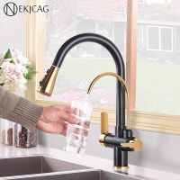 【hot】 Gold Filter Kitchen Faucets Rotatable Spout Faucet Handles Filtered Mixer