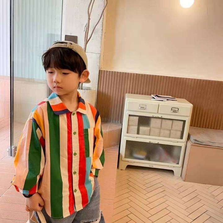 oece-เสื้อเชิ้ตผ้าฝ้ายเด็กแขนยาวลายทางสายรุ้งเด็กพิมพ์เสื้อยืดเกาหลี