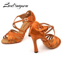 Ladingwu New Brand Latin Dance Shoes Women Salsa Bronze Silk Satin Dance Shoes Girls Ladys Ballroom Dance Shoes Cuban Heel 10cm