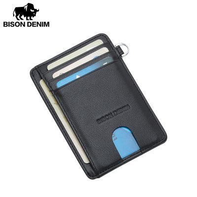 BISON DENIM Cow Leather Fashion Slim Minimalist Men Wallet Credit Card Holder RFID Blocking Leather Purse 11.3*8.2*1cm W9670-1BS Card Holders