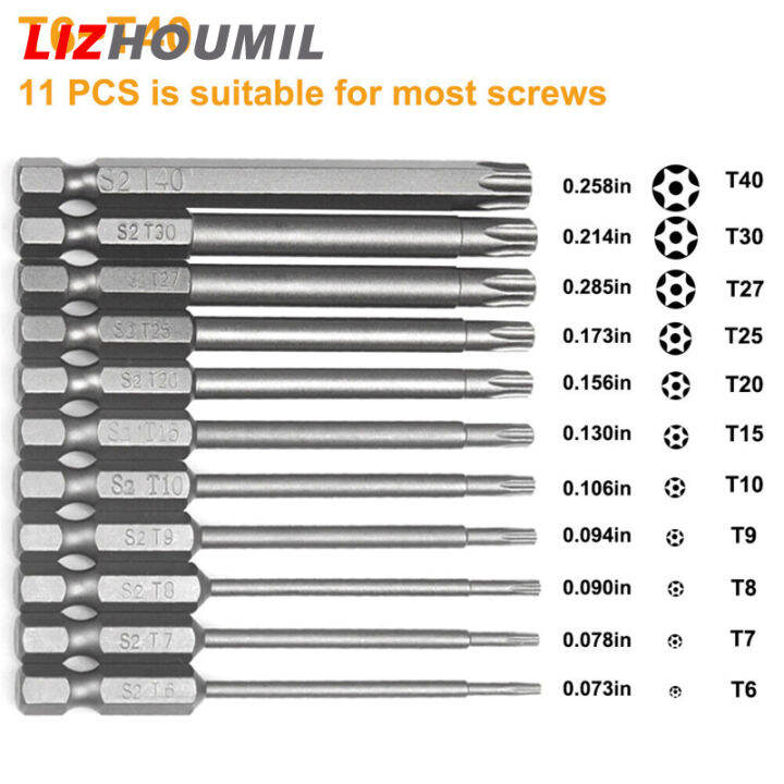 lizhoumil-11ชิ้นชุดบิตหัวเจาะแบนหลายขนาด-t6t7-t8-t9-t10-t15-t20-t25-t27-t30-t40ไขควงแม่เหล็ก